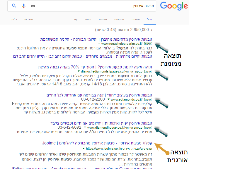 דוגמא לתוצאות קידום אתרים ממומן בגוגל